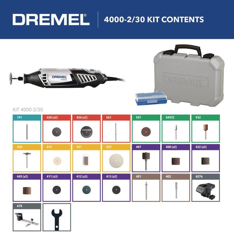 Kit de herramienta rotativa con cable Dremel Serie 4000 de 1.6 amperes y velocidad variable, con 30 accesorios, 2 aditamentos y estuche de transporte - 4000-2/30