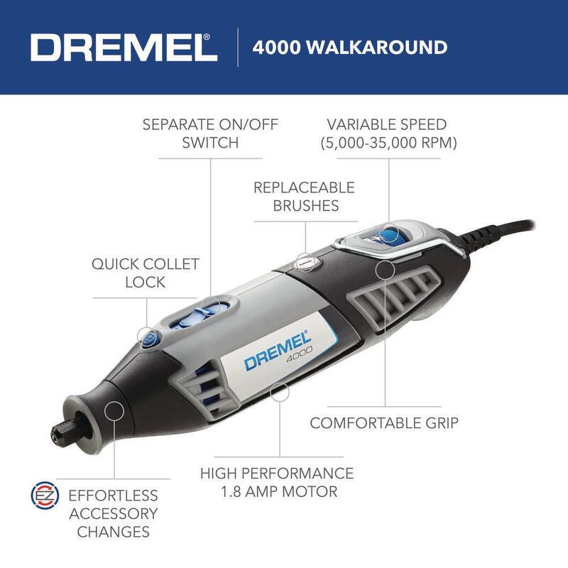 Kit de herramienta rotativa con cable Dremel Serie 4000 de 1.6 amperes y velocidad variable, con 30 accesorios, 2 aditamentos y estuche de transporte - 4000-2/30