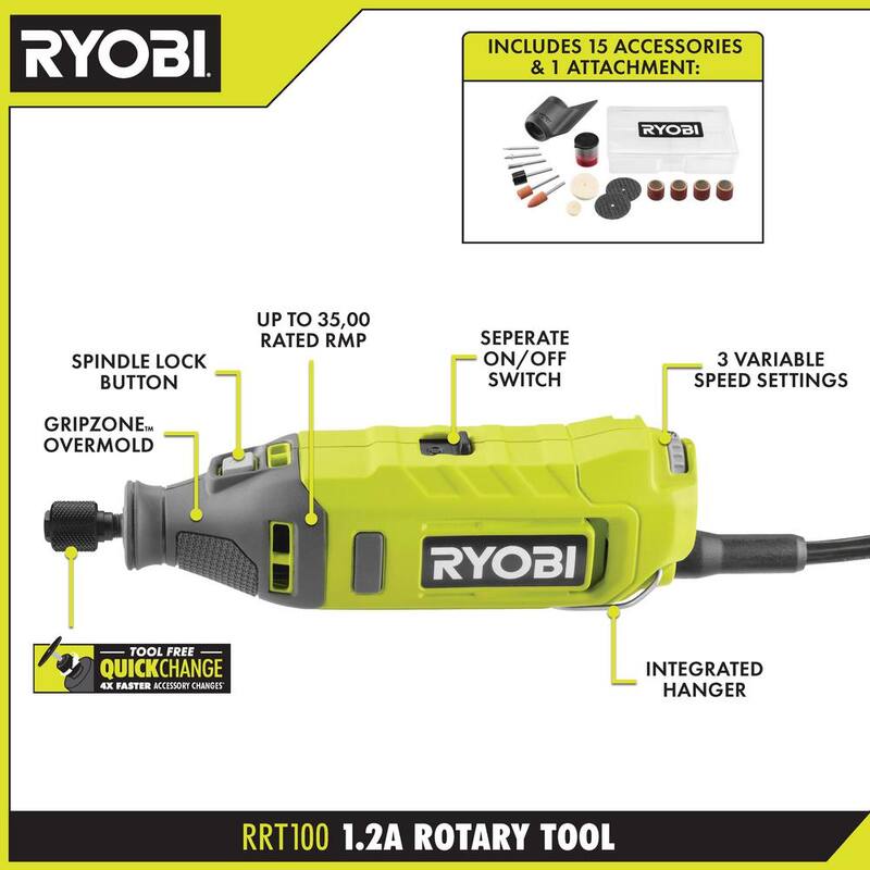Herramienta rotativa con cable de 1.2 amperes de RYOBI con kit de 37 piezas para todo tipo de trabajos (para madera, metal y plástico) - RRT100-A90AS37