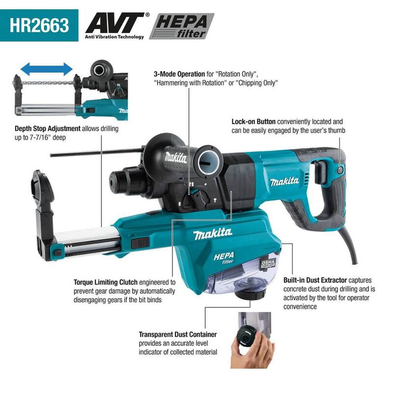Martillo rotativo Makita de 1 pulgada SDS-PLUS AVT, con extractor de polvo HEPA, 3 modos, velocidad variable, estuche (mango en forma de D) - HR2663