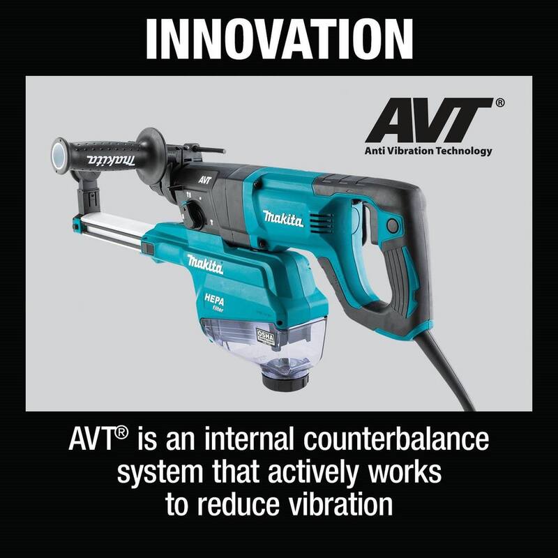 Martillo rotativo Makita de 1 pulgada SDS-PLUS AVT, con extractor de polvo HEPA, 3 modos, velocidad variable, estuche (mango en forma de D) - HR2663