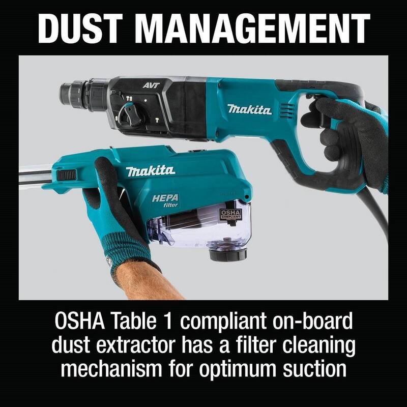 Martillo rotativo Makita de 1 pulgada SDS-PLUS AVT, con extractor de polvo HEPA, 3 modos, velocidad variable, estuche (mango en forma de D) - HR2663