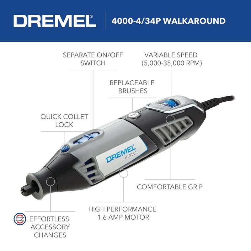 
Kit de herramienta rotativa con cable Dremel Serie 4000 de 1.6 Amp y velocidad variable con 34 accesorios, 4 aditamentos y estuche de transporte - 4000-4/34