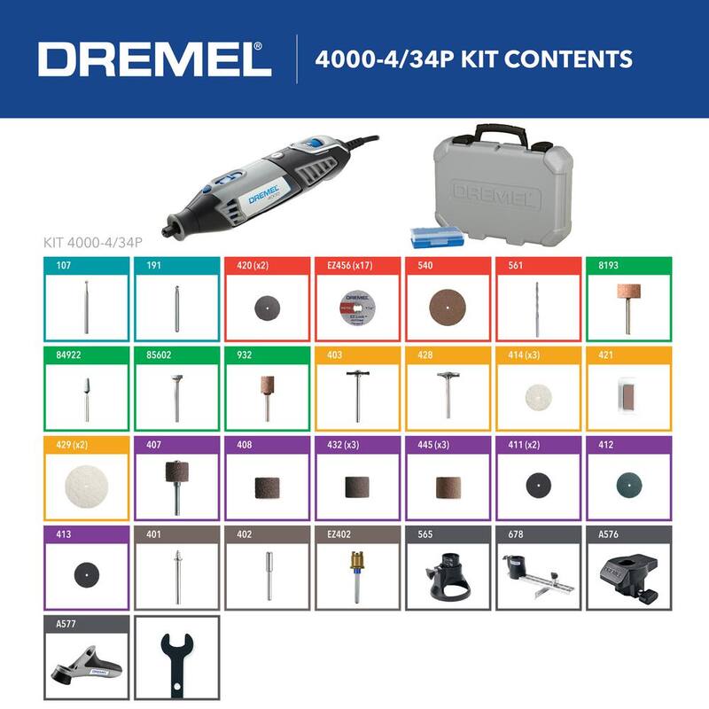 
Kit de herramienta rotativa con cable Dremel Serie 4000 de 1.6 Amp y velocidad variable con 34 accesorios, 4 aditamentos y estuche de transporte - 4000-4/34