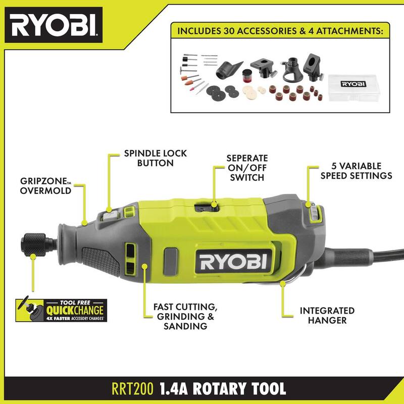 Herramienta rotativa con cable de 1.4 amperes de RYOBI con kit de tallado y grabado de 16 piezas para herramienta rotativa (para madera, metal, plástico, vidrio y piedra) - RRT200-A90AS16