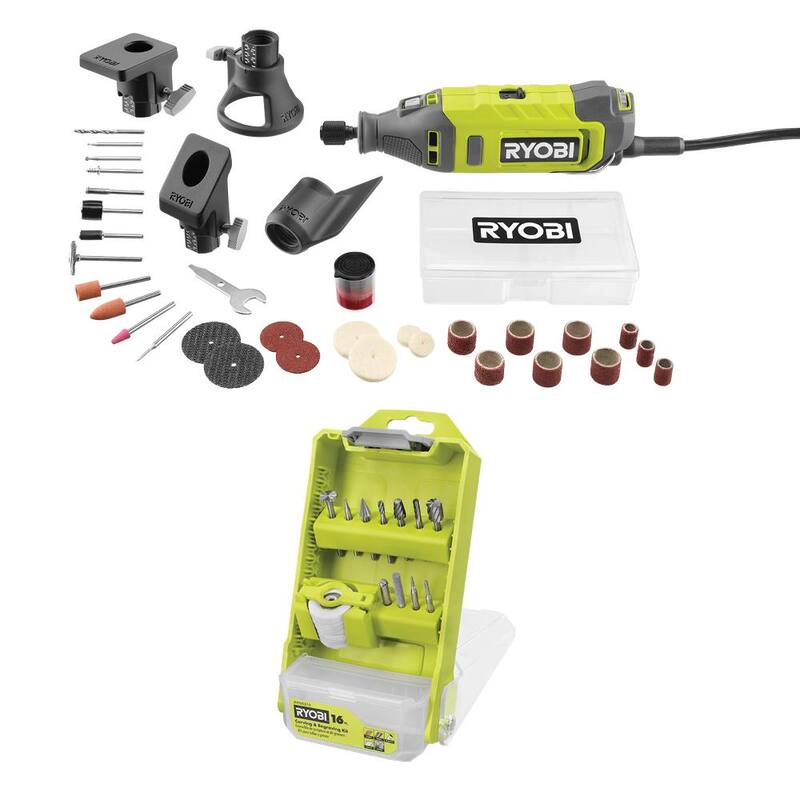 Herramienta rotativa con cable de 1.4 amperes de RYOBI con kit de tallado y grabado de 16 piezas para herramienta rotativa (para madera, metal, plástico, vidrio y piedra) - RRT200-A90AS16