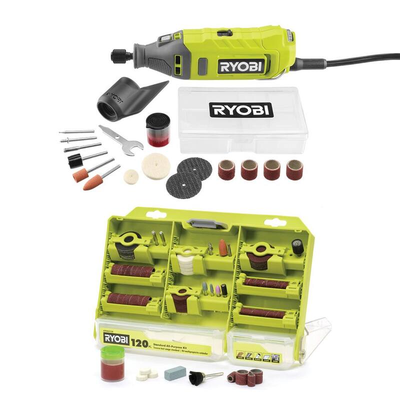 Herramienta rotativa con cable de 1.2 amperes RYOBI con kit de 120 piezas para todo tipo de usos (para madera, metal y plástico) - RRT100-A90AS120
