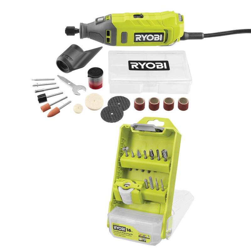 Herramienta rotativa con cable de 1.2 amperios de RYOBI con kit de tallado y grabado de 16 piezas (para madera, metal, plástico, vidrio y piedra) - RRT100-A90AS16