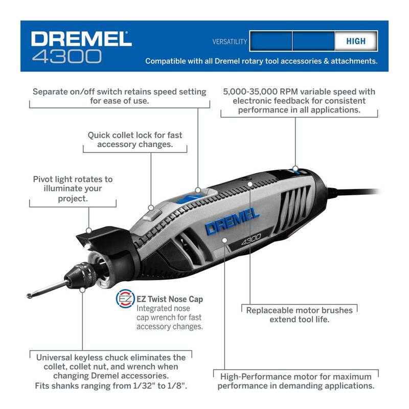 Kit de herramienta rotativa con cable Dremel 4300 Series 1.8 Amp de velocidad variable con accesorios de lijado y molienda EZ Lock de 18 piezas - 4300540+EZ72701