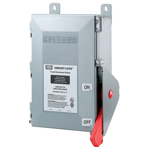 Interruptor de desconexión cerrado con fusible Hubbell, 600V CA, NEMA 12K, 4, 4X - FDS60