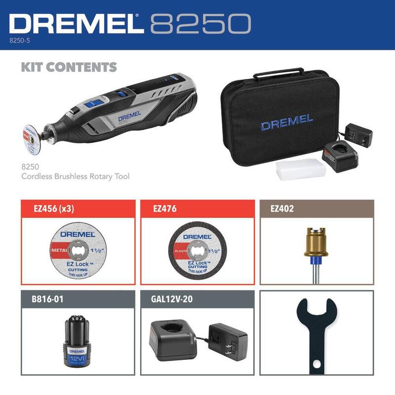 Juego de herramienta rotativa inalámbrica Dremel 8250 12V de ion de litio sin escobillas con 5 accesorios y estuche de transporte - 8250-5