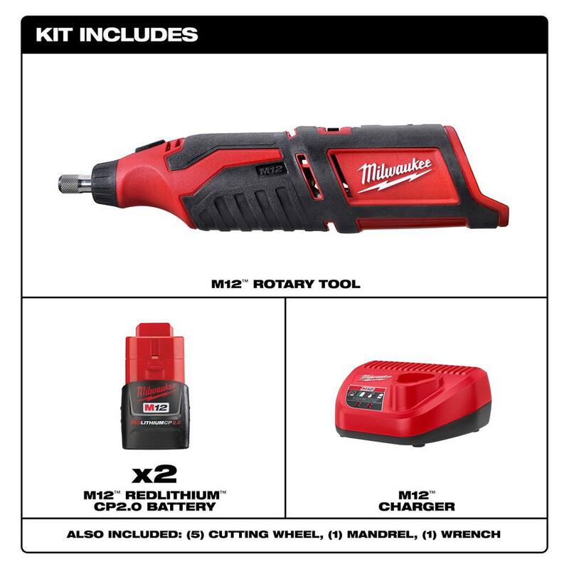 Herramienta rotativa inalámbrica Milwaukee M12 12V de iones de litio con batería compacta M12 de 2.0 Ah (paquete de 2) kit inicial y cargador - 2460-20-48-59-2420P