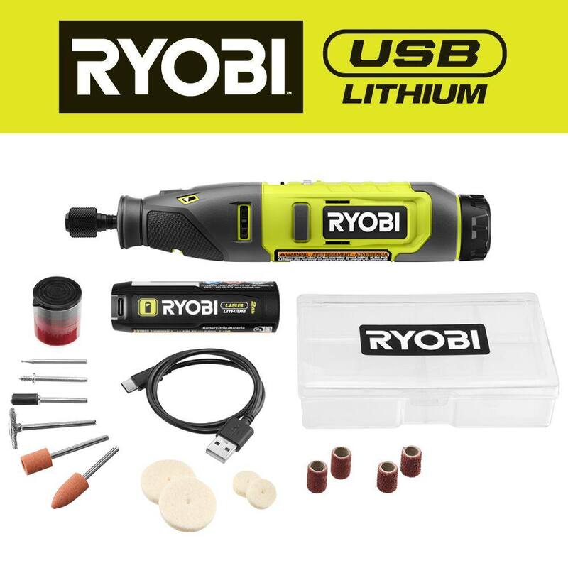 Kit de herramientas rotativas RYOBI USB con batería de litio de 2.0 Ah y cable de carga - FVM51K.