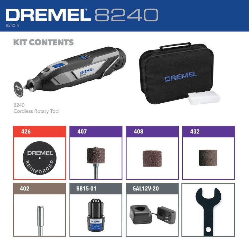 Dremel 12V Li-Ion 2-Amp Variable Speed Cordless Rotary Tool Kit with 2Ah Battery, 1-Charger, 5-Accessories and Storage Bag - 8240-5