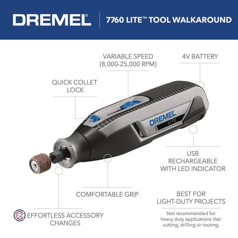 Dremel Lite 7760 4V Juego de Herramientas Rotativas Inalámbricas de Iones de Litio de Velocidad Variable con 10 Accesorios - 7760-N/10