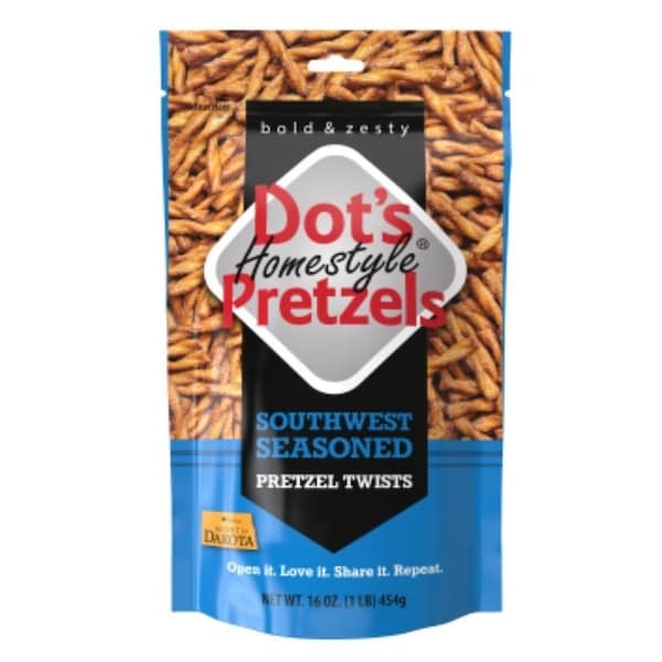 Dots Homestyle Pretzels 5002- DP Southwest Seasoned Pretzel Twists, Artificial Butter, 16 oz Bag - 59016