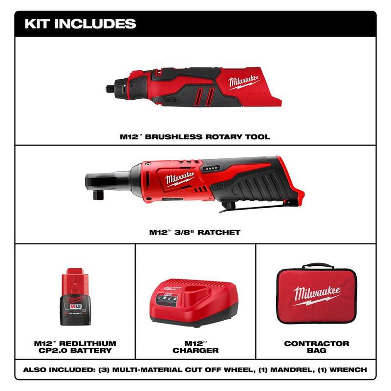 Kit de herramientas rotativas inalámbricas sin escobillas Milwaukee M12 12V de iones de litio con trinquete inalámbrico M12 12V de iones de litio de 3/8 pulgadas - 2525-21-2457-20