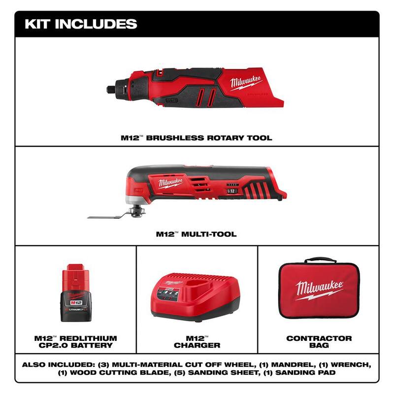 Juego de herramientas rotativas y multiusos inalámbricos Milwaukee M12 12V de iones de litio con tecnología sin escobillas - 2525-21-2426-20