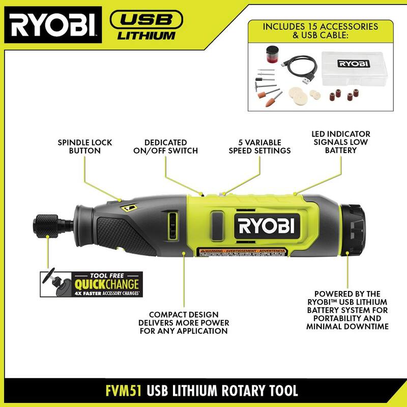 Juego de herramientas rotativas RYOBI USB con batería recargable de litio USB de 2.0 Ah - FVM51K-FVB02