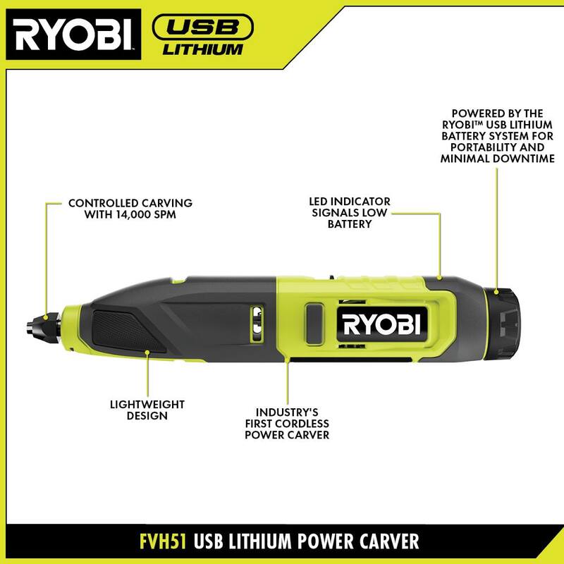 RYOBI Kit de Tallador de Potencia USB de Litio con Batería Recargable de Litio USB de 2.0 Ah - FVH51K-FVB02