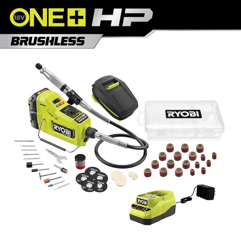 RYOBI ONE+ HP 18V Kit de herramientas giratorias inalámbricas Brushless con batería de alto rendimiento de 2.0 Ah y cargador - PBLRT01K1