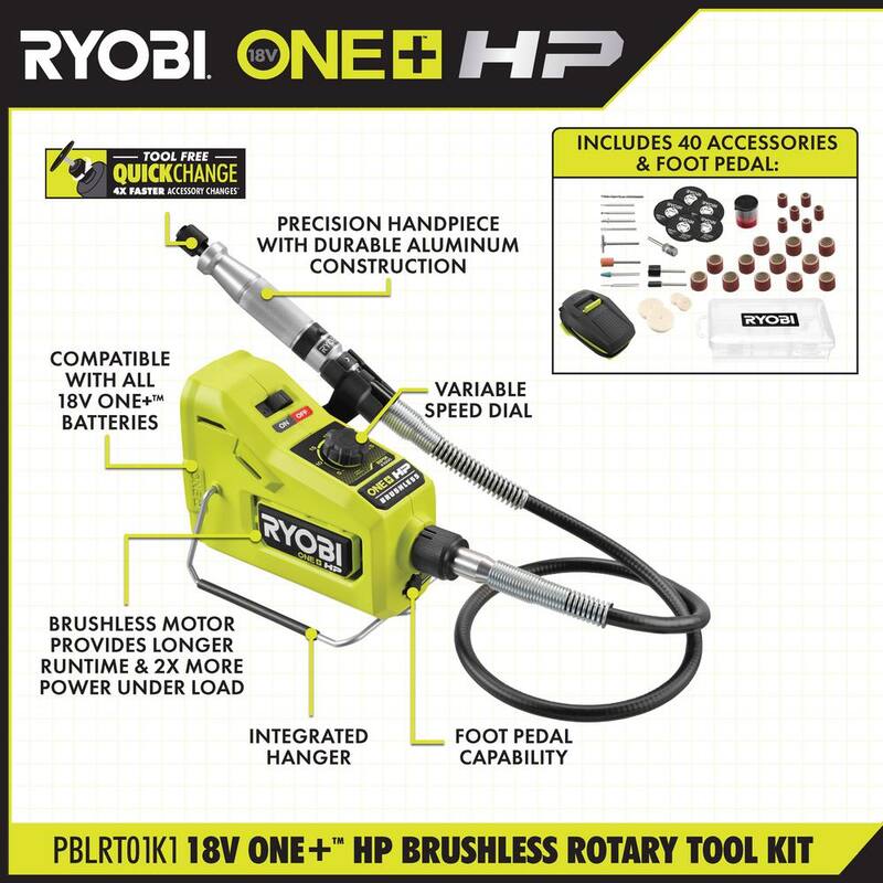 RYOBI ONE+ HP 18V Kit de herramientas giratorias inalámbricas Brushless con batería de alto rendimiento de 2.0 Ah y cargador - PBLRT01K1