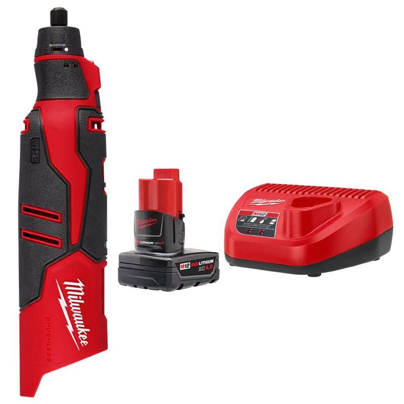 Herramienta rotativa inalámbrica Milwaukee M12 12V de iones de litio sin escobillas con paquete de batería de 4.0 Ah y kit de iniciación de cargador - 2525-20-48-59-2440.