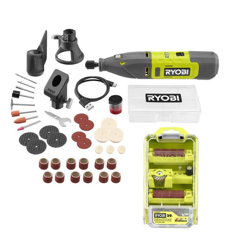 Kit de herramienta rotativa inalámbrica RYOBI de 12V con Kit de lijado y pulido de 29 piezas para herramienta rotativa (Para madera, metal y plástico) - TVM01-A90AS29