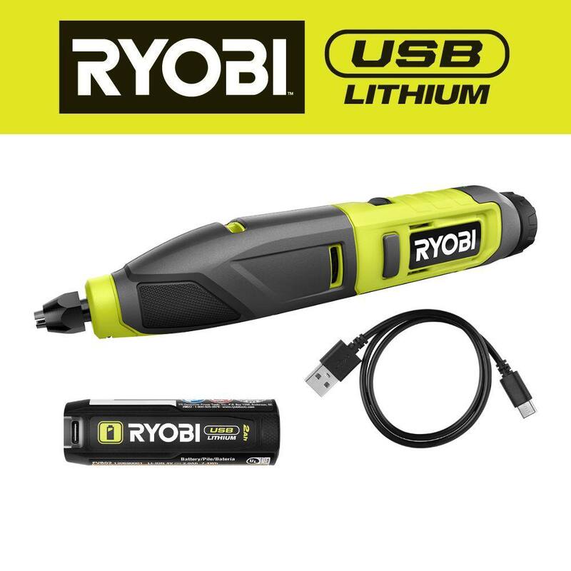 Kit de tallador de energía de litio USB RYOBI con batería de litio USB de 2.0 Ah y cable de carga - FVH51K