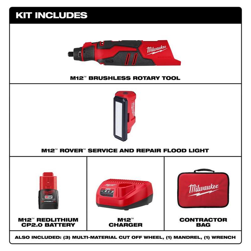 Kit de herramienta rotativa inalámbrica Milwaukee M12 12V de iones de litio sin escobillas con luz de inundación de servicio y reparación M12 12V ROVER - 2525-21-2367-20
