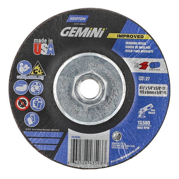 Norton Abrasives Depressed Center Grinding Wheel, Type 27, 4 1/2 in Dia, 0.25 in Thick, 5/8"-11 Arbor Hole Size - 66252843593