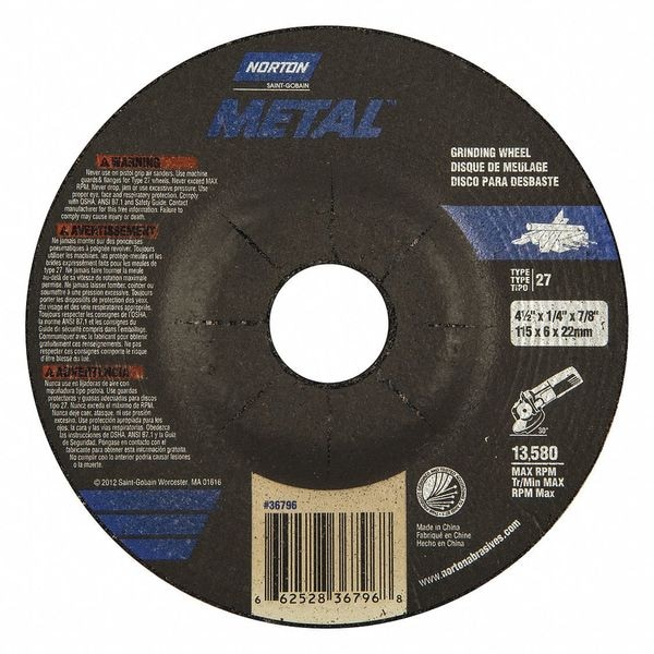 Norton Abrasives Depressed Center Grinding Wheel, Type 27, 4 1/2 in Dia, 0.25 in Thick, 7/8 in Arbor Hole Size - 66252836796