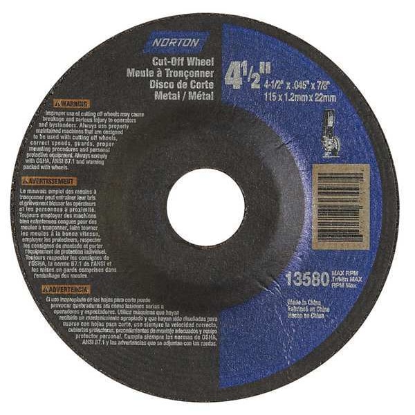 Norton Abrasives Depressed Center Cut-Off Wheel, Type 27, 4 1/2 in Dia, 0.045 in Thick, 7/8 in Arbor Hole Size - 66252843604