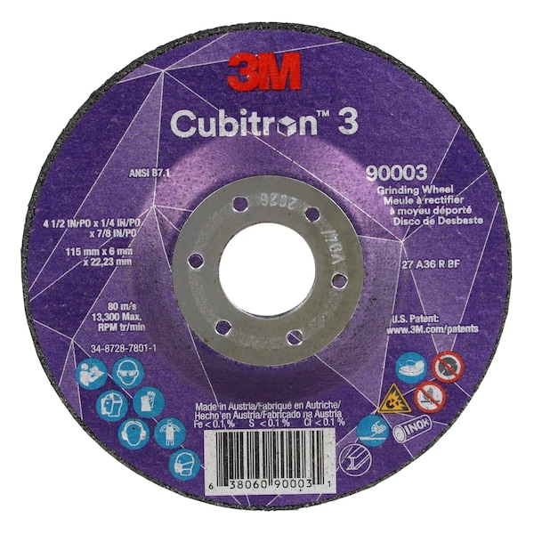 3M Cubitron Depressed Center Grinding Wheel, Type 27, 4 1/2 in Dia, 0.25 in Thick, 7/8 in Arbor Hole Size - 90003