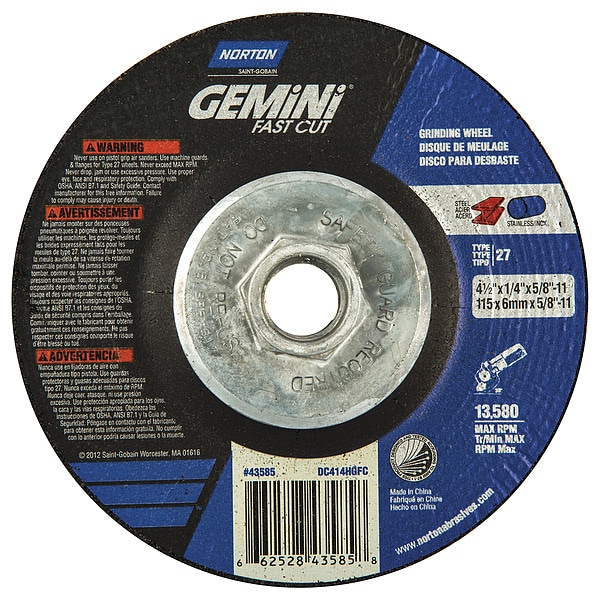 Norton Abrasives Depressed Center Grinding Wheel, Type 27, 4 1/2 in Dia, 0.25 in Thick, 5/8"-11 Arbor Hole Size - 66252843585