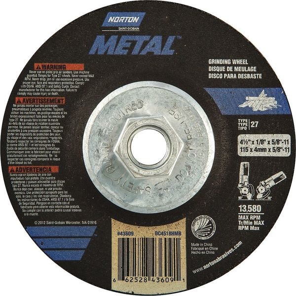 Norton Abrasives Cut-Off & Grinding Wheel, Type 27, 4 1/2 in Dia, 0.125 in Thick, 5/8"-11 Arbor Hole Size, 24 Grit - 66252843609