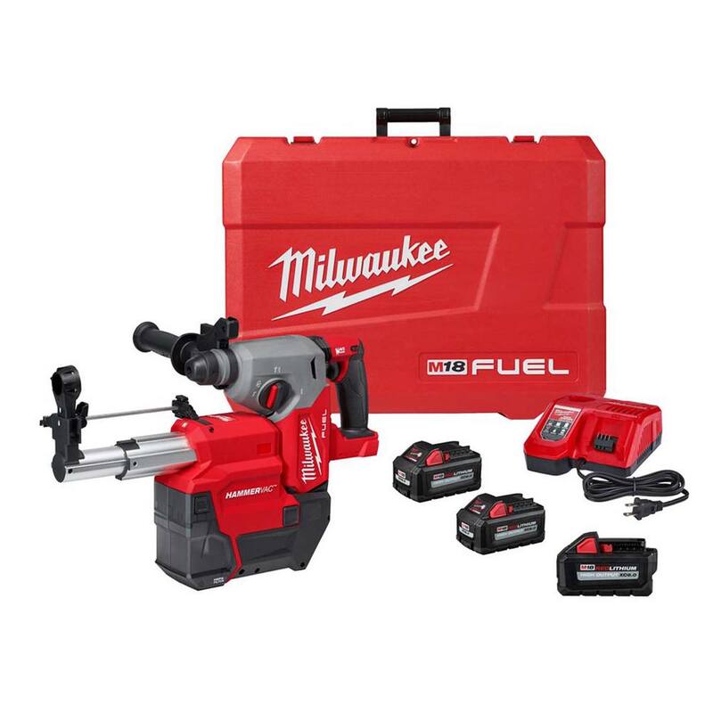 Milwaukee M18 FUEL 18V Lithium-Ion Brushless 1 in. Cordless SDS-Plus Rotary Hammer/Dust Extractor Kit, (3) 6.0 Ah Batteries - 2912-22DE-48-11-1865