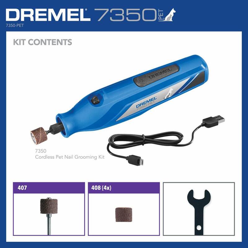 Kit de manicura para mascotas con herramienta rotativa inalámbrica de 4 voltios y 2 amperios Dremel con puerto USB y 5 bandas de lijado - 7350-PET.