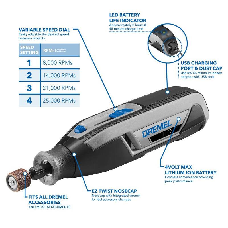 Kit de Herramientas Rotativas Inalámbricas Dremel Lite 4V con Velocidad Variable y Puerto USB con Kit de Accesorios para Lijado y Rectificado de 31 piezas - 7760-N/10+727