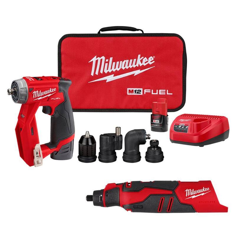 Herramienta rotativa inalámbrica sin escobillas de 12V de iones de litio Milwaukee M12 con juego de taladro/destornillador de instalación 4 en 1 M12 de 3/8 pulgadas - 2525-20-2505-22