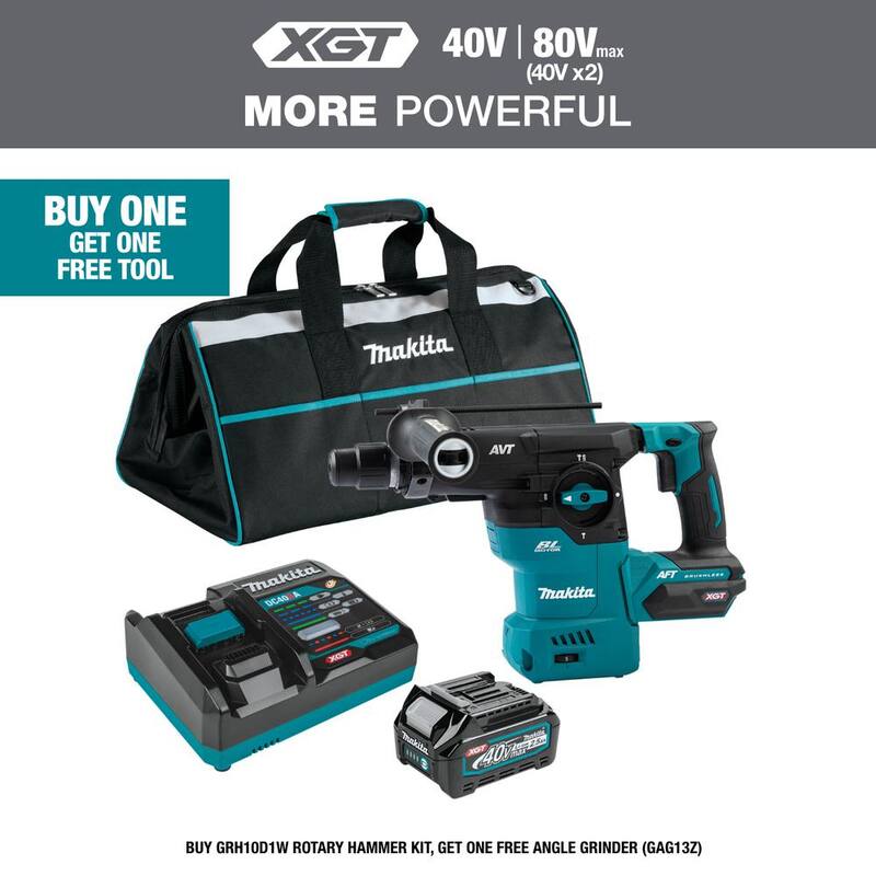 Kit de martillo rotativo inalámbrico sin escobillas Makita 40V max XGT de 13/16 pulgadas con extractor, AFT, compatible con AWS (2.5Ah) - GRH10D1W.