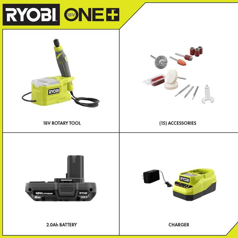 Kit de herramienta rotativa de precisión inalámbrica RYOBI ONE+ 18V con batería de 1.5 Ah, cargador y kit de herramienta rotativa de 29 piezas - PRT100K1-A90AS29