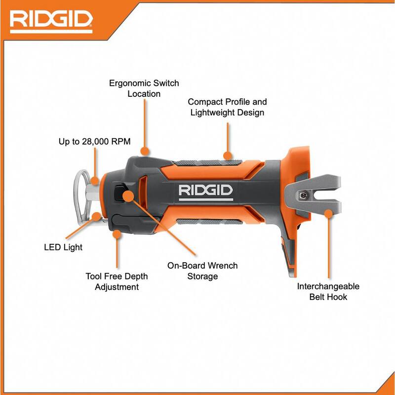 Kit de herramienta de corte para tablaroca inalámbrica RIDGID 18V con brocas para tablaroca, collares, gancho para cinturón, batería de iones de litio de 18V y 2.0 Ah, y cargador - R84730B-AC9302