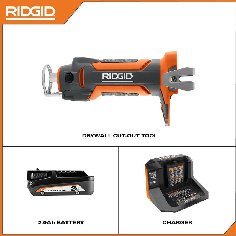 Kit de herramienta de corte para tablaroca inalámbrica RIDGID 18V con brocas para tablaroca, collares, gancho para cinturón, batería de iones de litio de 18V y 2.0 Ah, y cargador - R84730B-AC9302