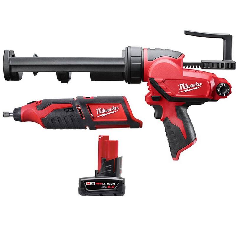 Herramienta rotativa inalámbrica de 12V de iones de litio Milwaukee M12 con pistola de calafateo y adhesivo M12 de 10 oz y paquete de batería XC de 6.0 Ah - 2460-20-2441-20-48-11-2460