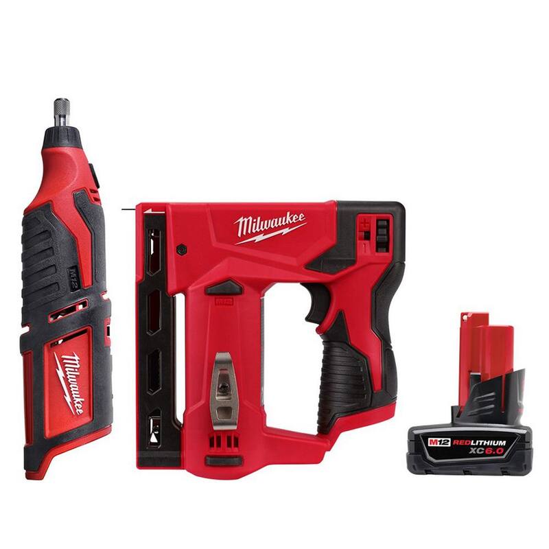 Herramienta rotativa inalámbrica Milwaukee M12 12V de iones de litio con grapadora de corona M12 de 3/8 de pulgada y paquete de batería XC de 6.0 Ah - 2460-20-2447-20-48-11-2460