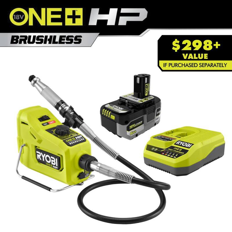 Batería de alto rendimiento RYOBI ONE+ HP de 18V 6.0 Ah de iones de litio y kit de cargador con herramienta rotativa inalámbrica Brushless de 18V ONE+ HP - PSK016-PBLRT01B