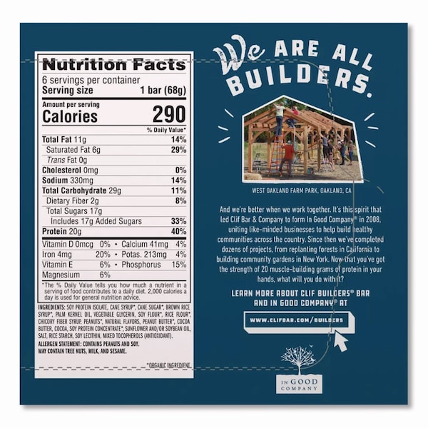 Clif Bar Builders Protein Bar, Chocolate Peanut Butter, 2.4 oz Bar, 12PK - CCC160041