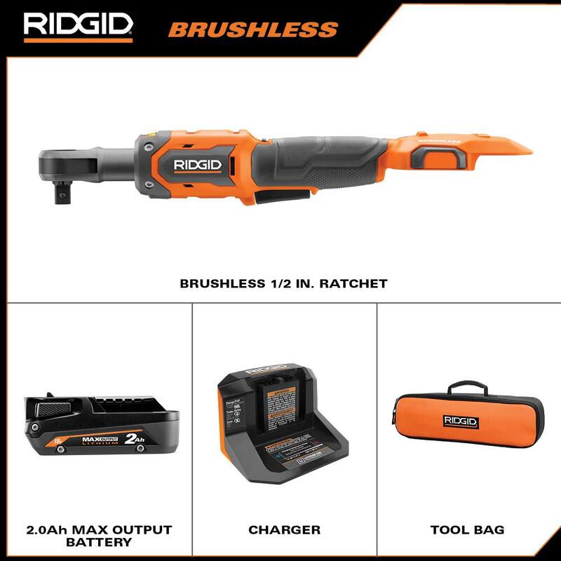 Juego de trinquete inalámbrico RIDGID 18V sin escobillas de 1/2 pulg. con batería de 2.0 Ah y cargador - R866012K