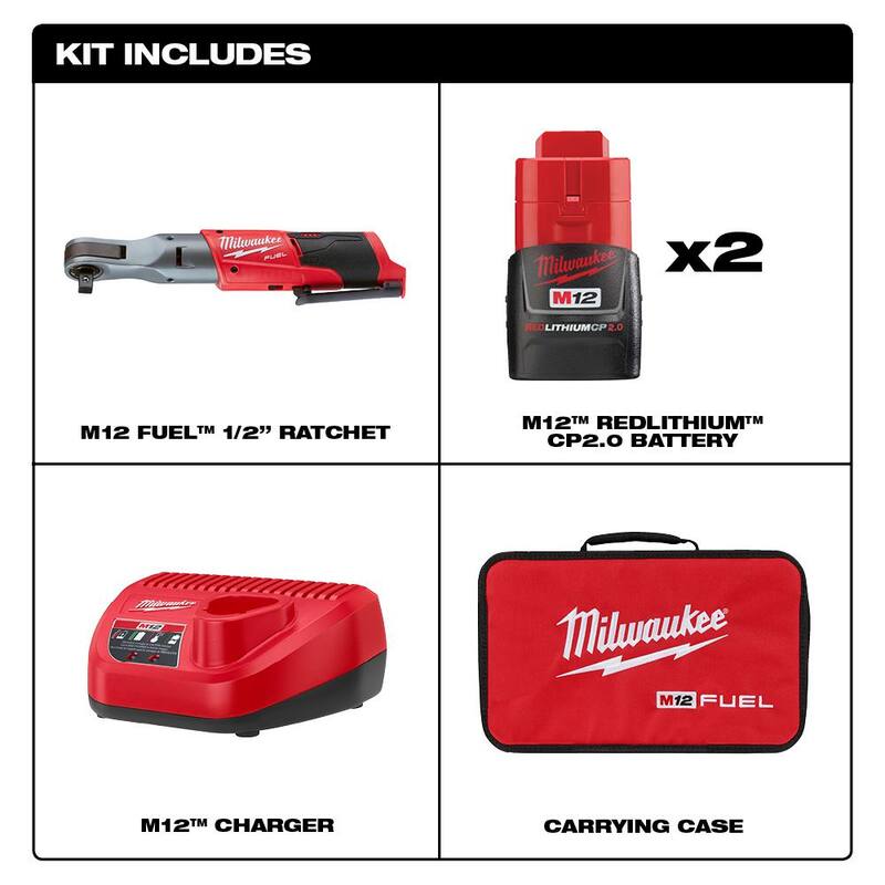 Milwaukee M12 FUEL 12V Lithium-Ion Brushless Cordless 1/2 in. Ratchet Kit con (2) Baterías de 2.0Ah, Cargador y Bolsa de Herramientas - 2558-22